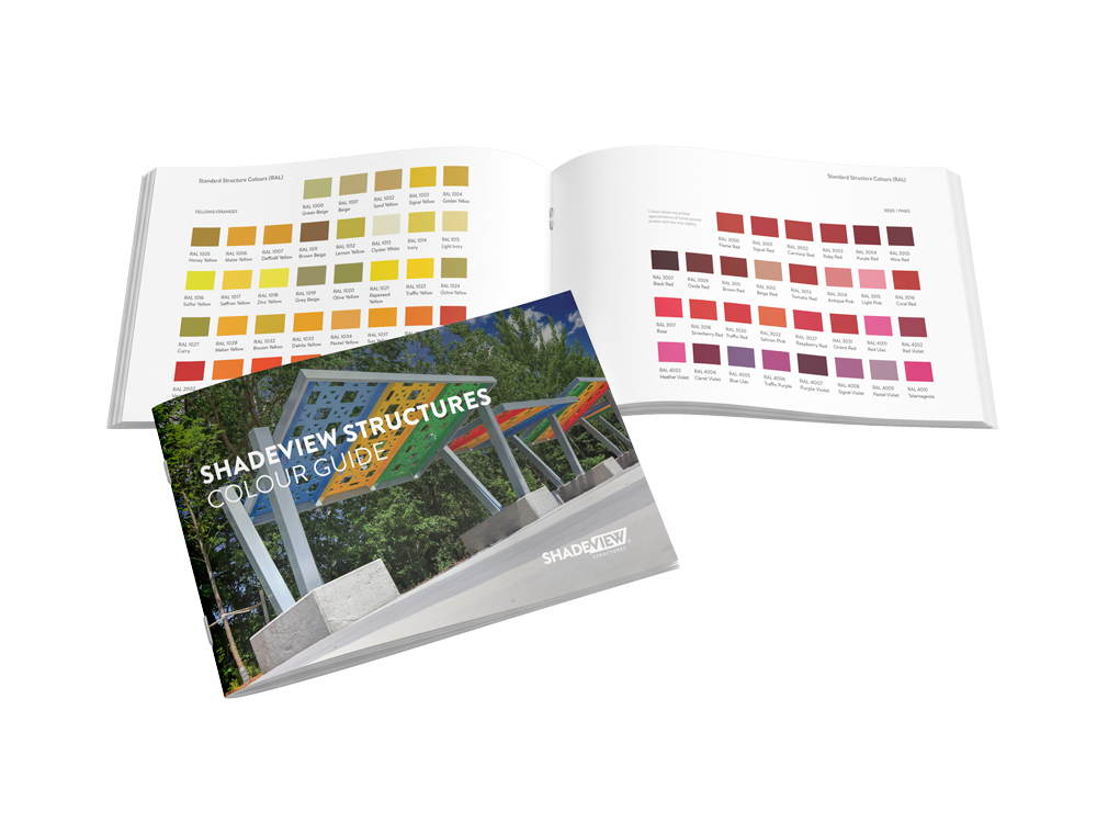 Shadeview Structures Colour Guide showing the cover and available colour swatches